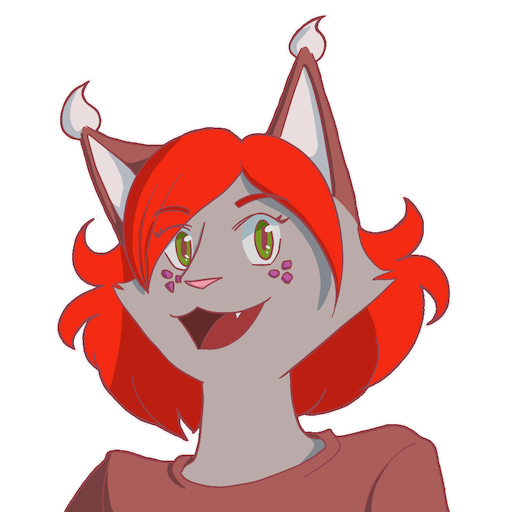 An icon of an anthropomorphic cat with small dragon wings and bright red hair.The cat has one eye closed in a wink and is grinning. Her right arm is out and she is giving a thumbs-up. 